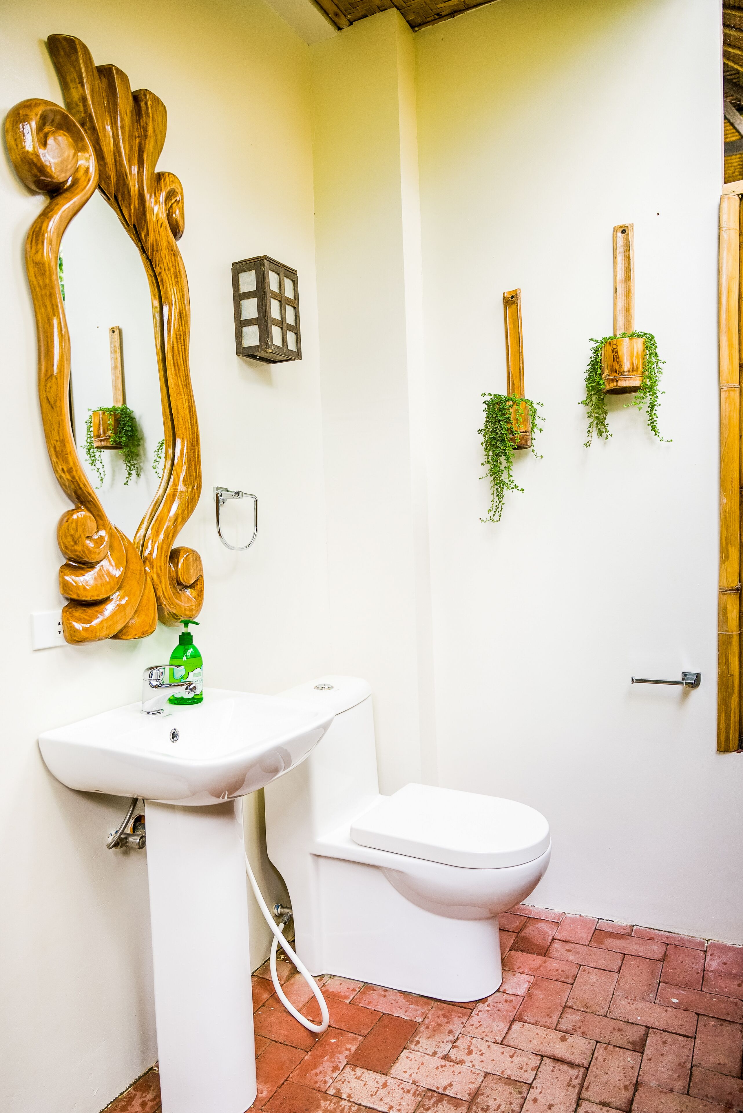 A bathroom with a white sink, a white toilet, a large mirror, and two wall-mounted planters with green plants.