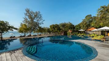 Outdoor pool, open 6 AM to 7:00 PM, pool umbrellas, pool loungers