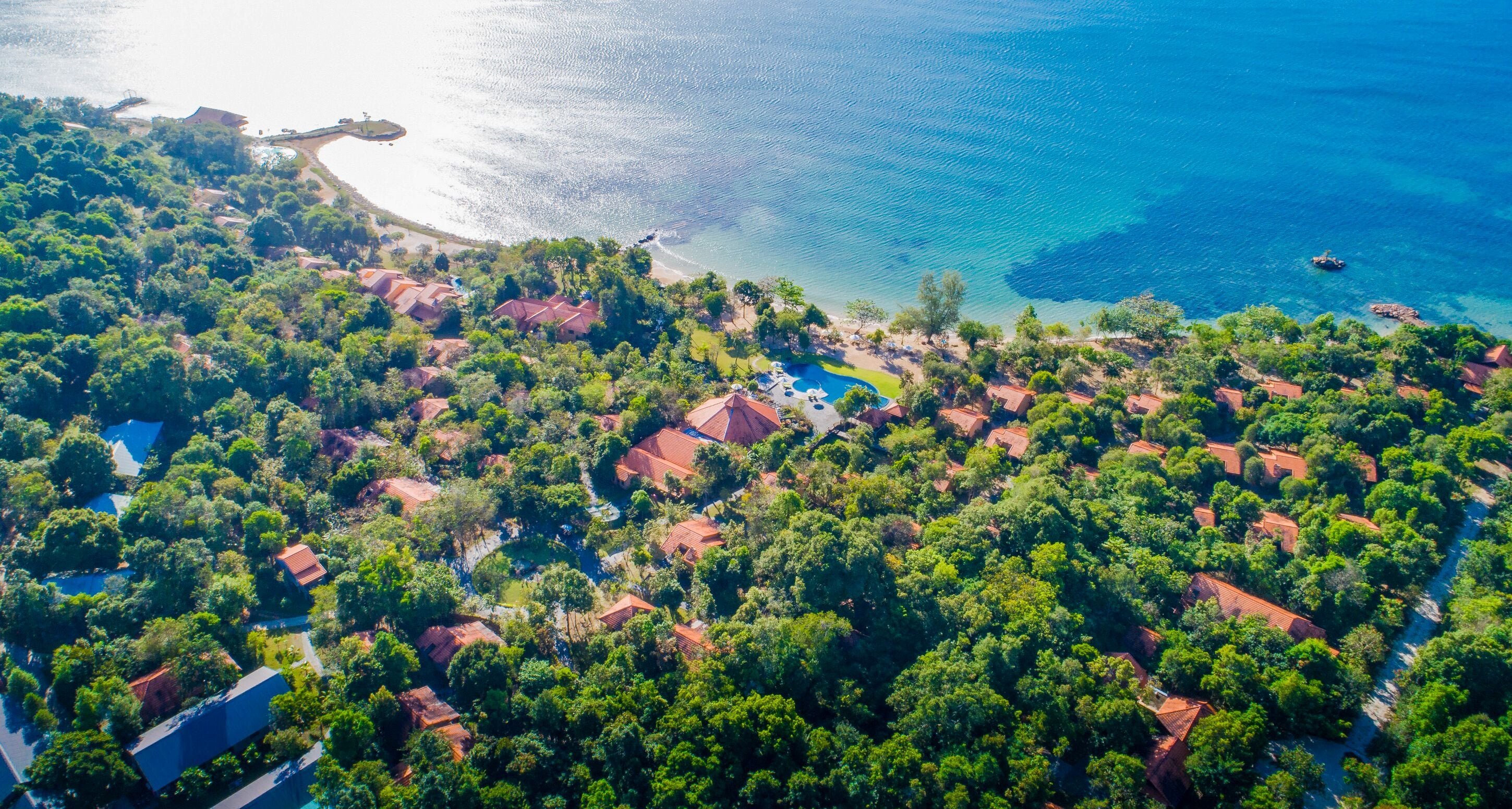 An aerial view of a coastal residential area with houses surrounded by dense greenery and a clear blue sea.