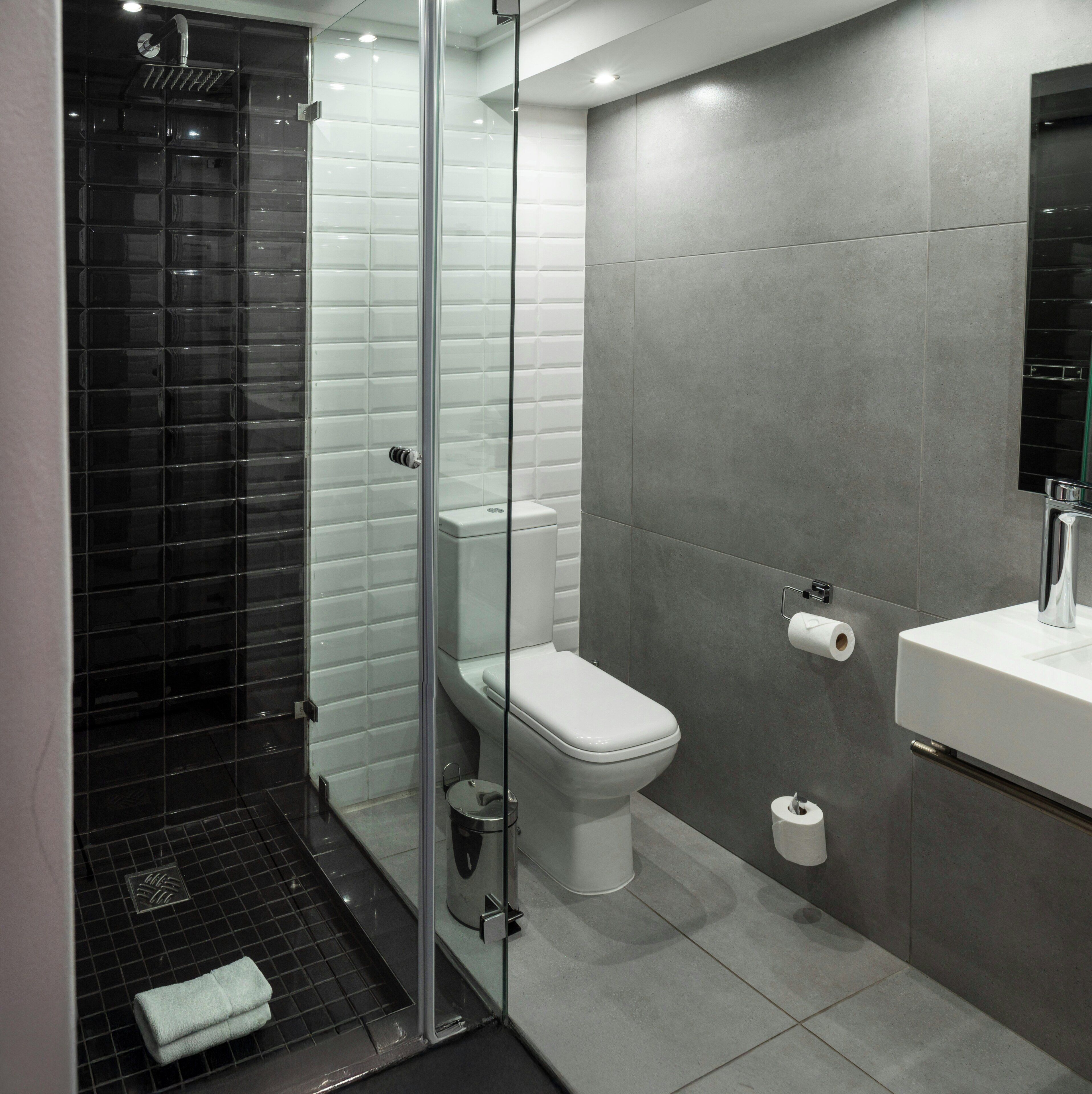 A modern bathroom with a glass-enclosed shower, a toilet, and a sink with a mirror.