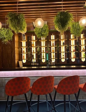 Un espace bar doté d’un plafond en bois, de plantes suspendues et d’une étagère où sont exposées des bouteilles de spiritueux.