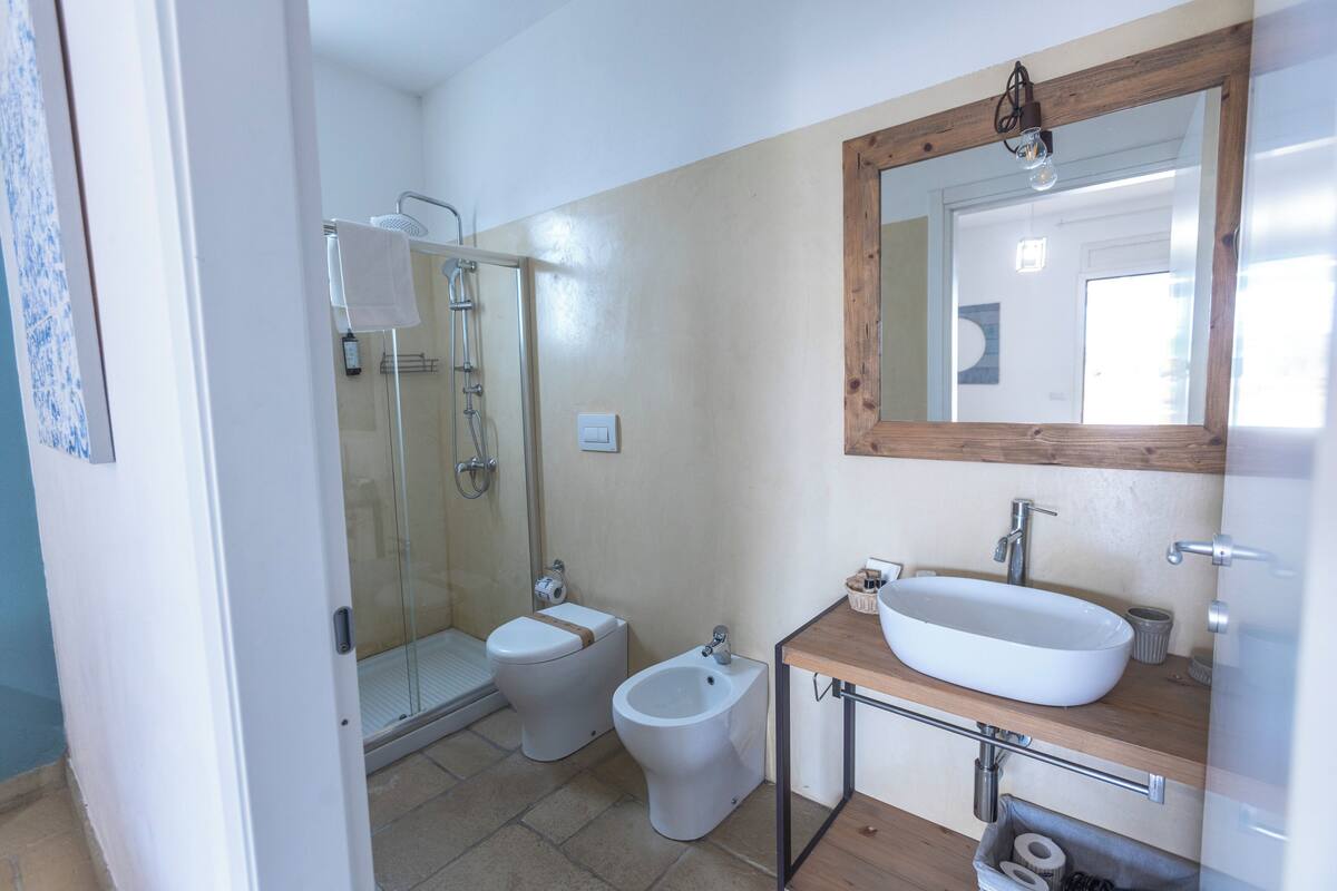 A bathroom with a shower, toilet, bidet, sink, and mirror.