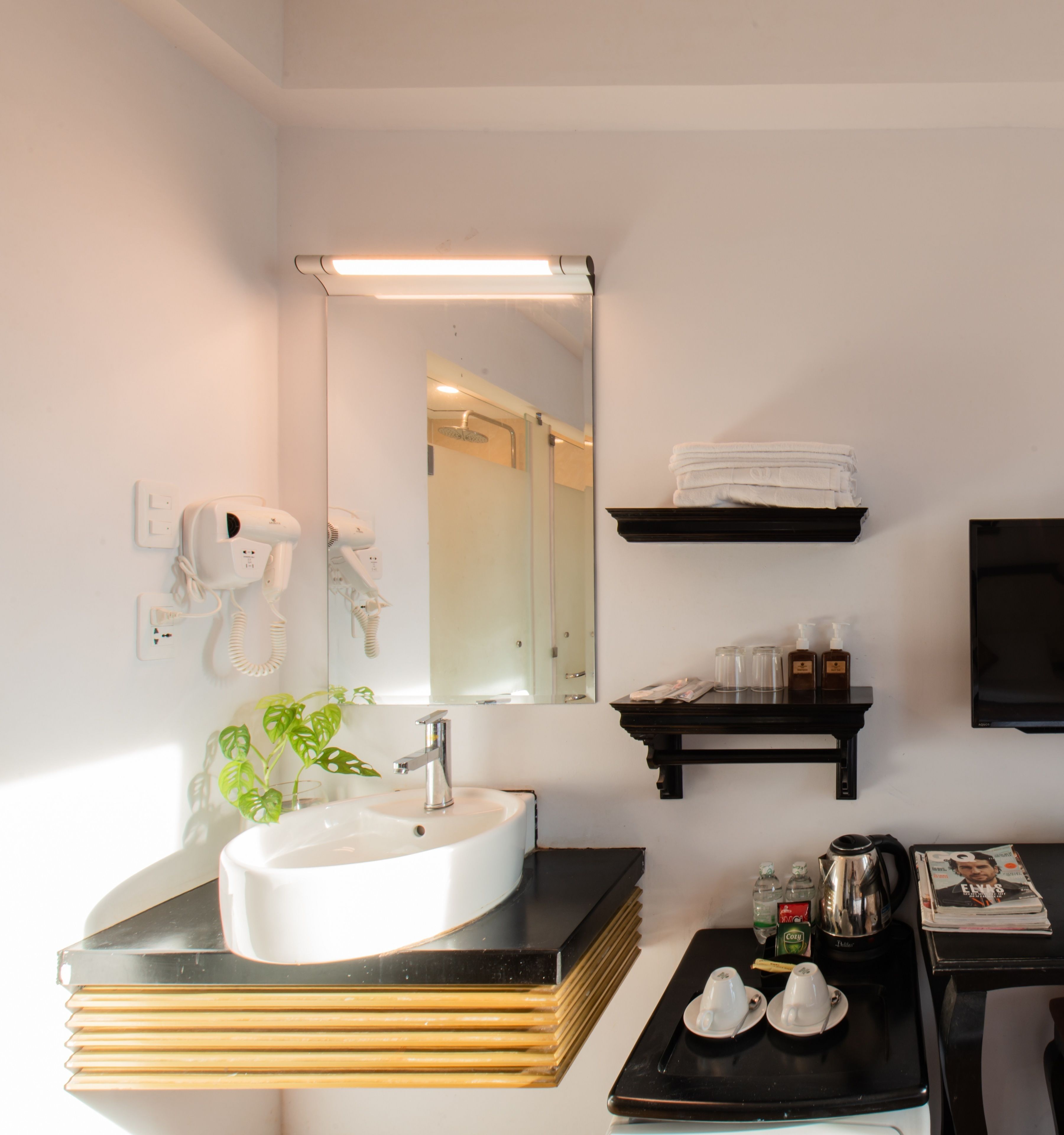 A modern bathroom with a large mirror, white sink, and a black countertop. There is a hairdryer on the wall, a plant, and toiletries on the counter.