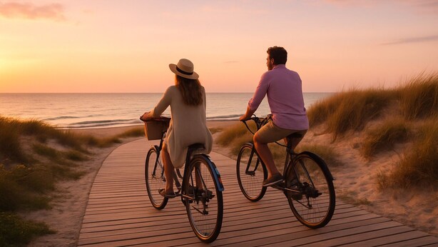 Two people riding bicycles on a wooden boardwalk by the ocean during sunset. - Hafen Hotel Schützenhof (Fehmarn)