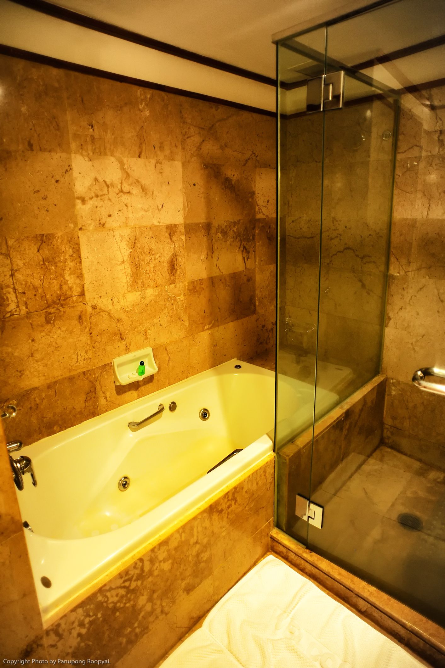 A bathroom with a bathtub, a glass-enclosed shower, and marble walls.
