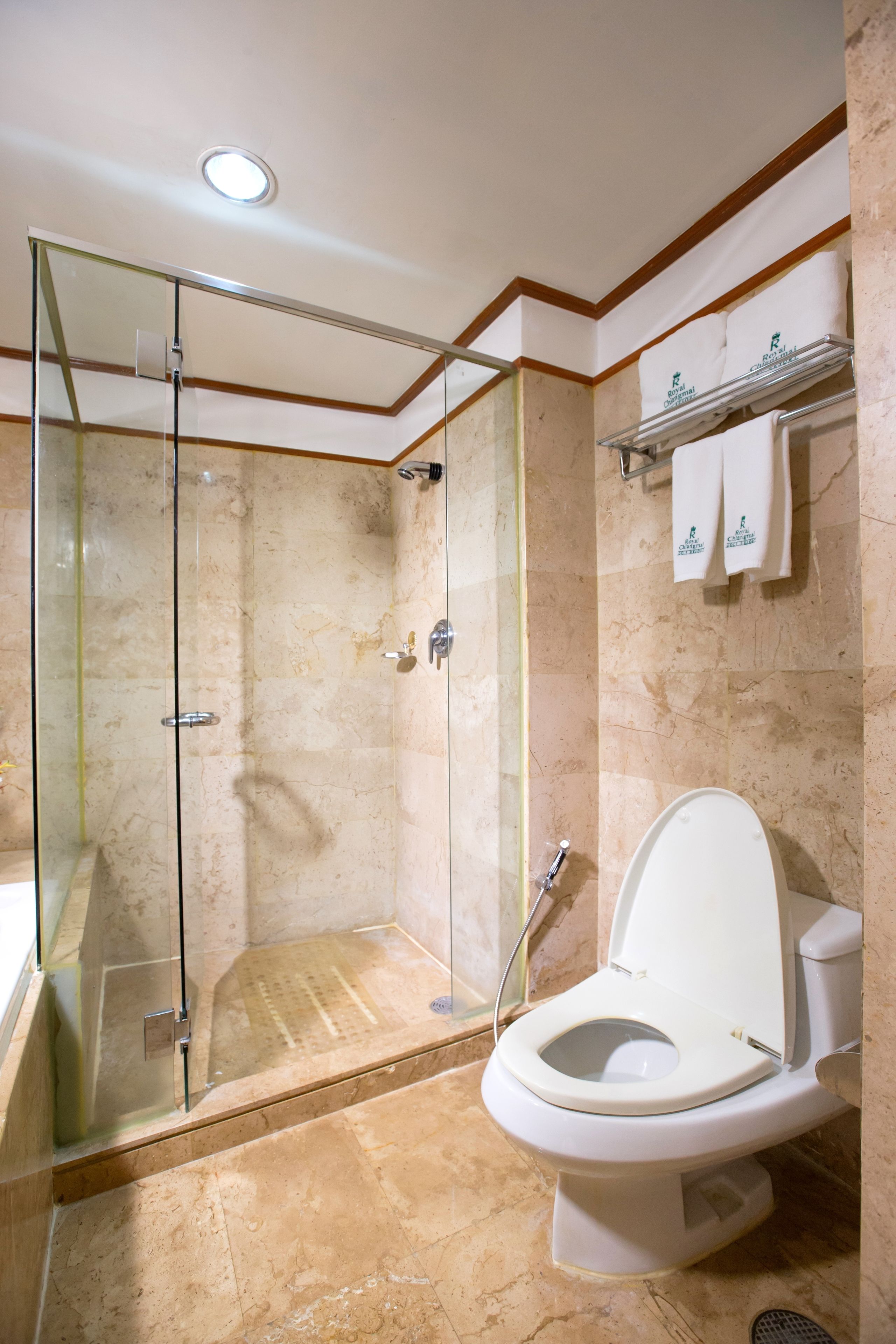 Une salle de bain avec une douche à parois de verre, des toilettes blanches et un porte-serviettes avec des serviettes.