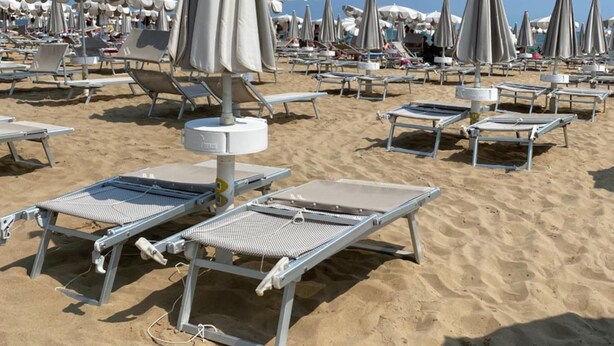 Une plage bordée de rangées de chaises longues et de parasols.