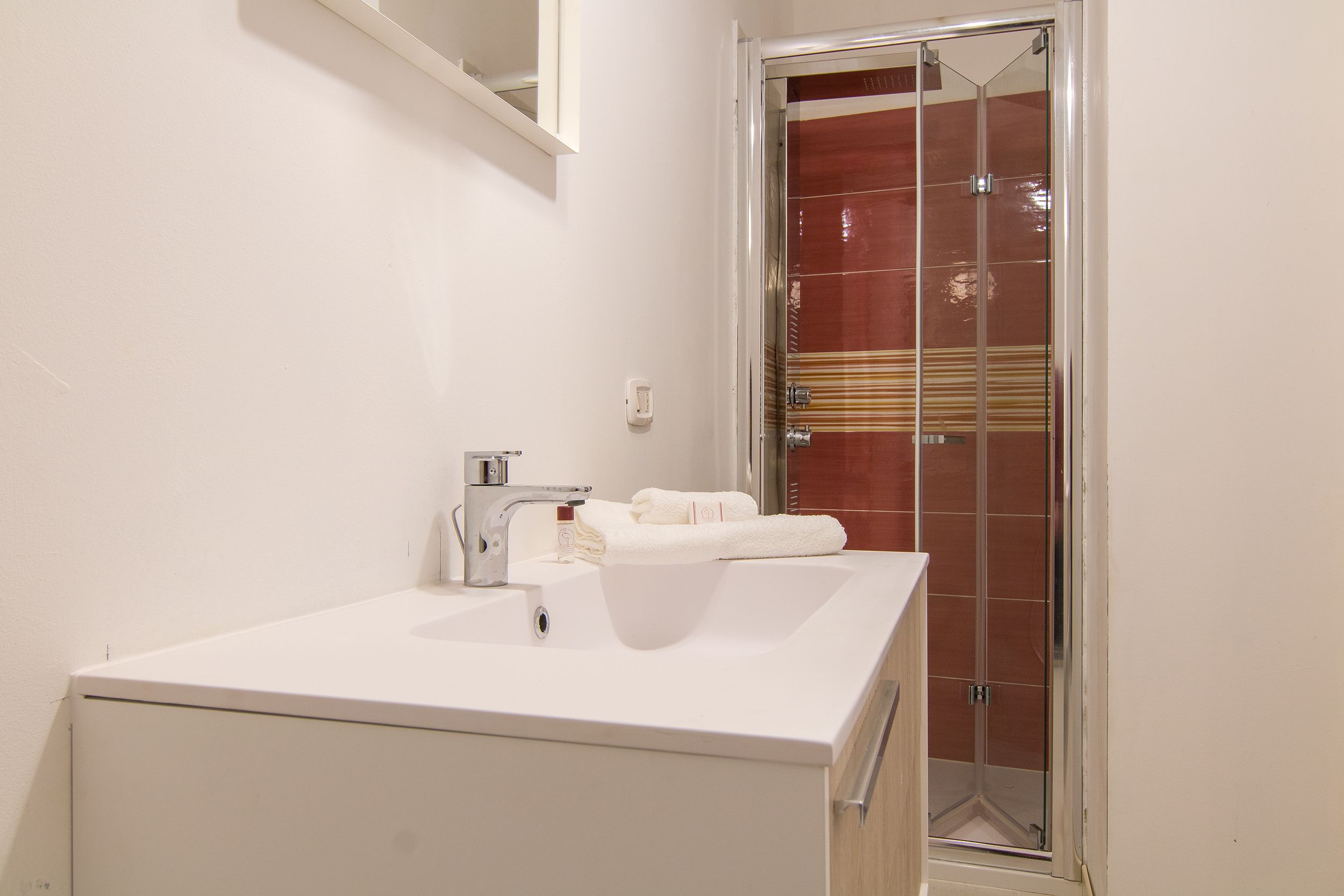 Une salle de bain avec un lavabo blanc, un miroir et une cabine de douche en verre.