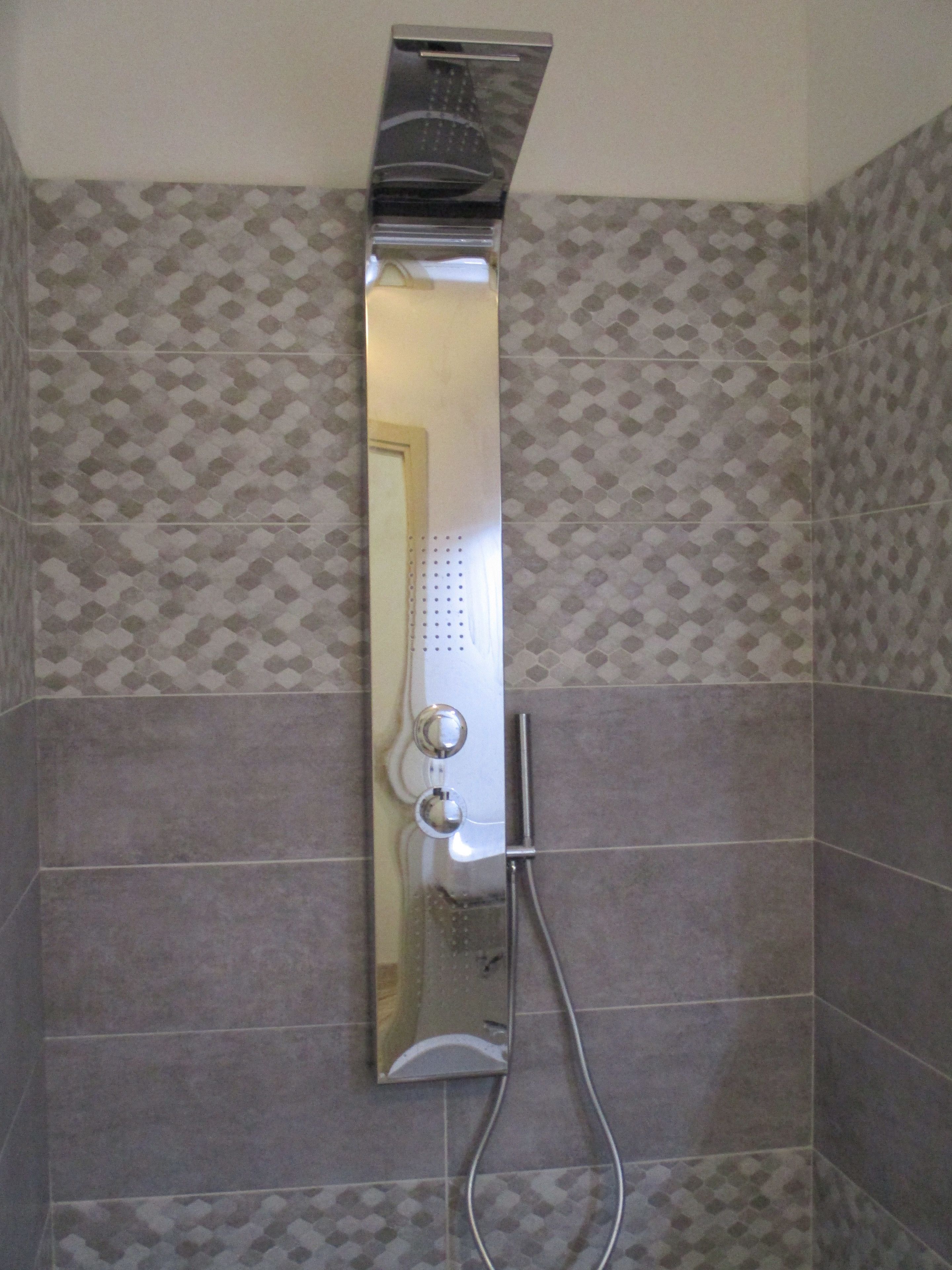Une douche équipée d’un grand miroir vertical, d’un pommeau de douche à main et d’un panneau de commande fixé au mur.