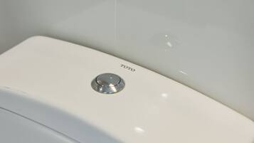 A white toilet with a Toto brand label and a flush handle.