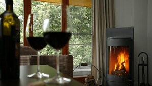A cozy room with a fireplace, a bottle of wine, and two glasses on a table. - Seeresidenz Klink (Klink)