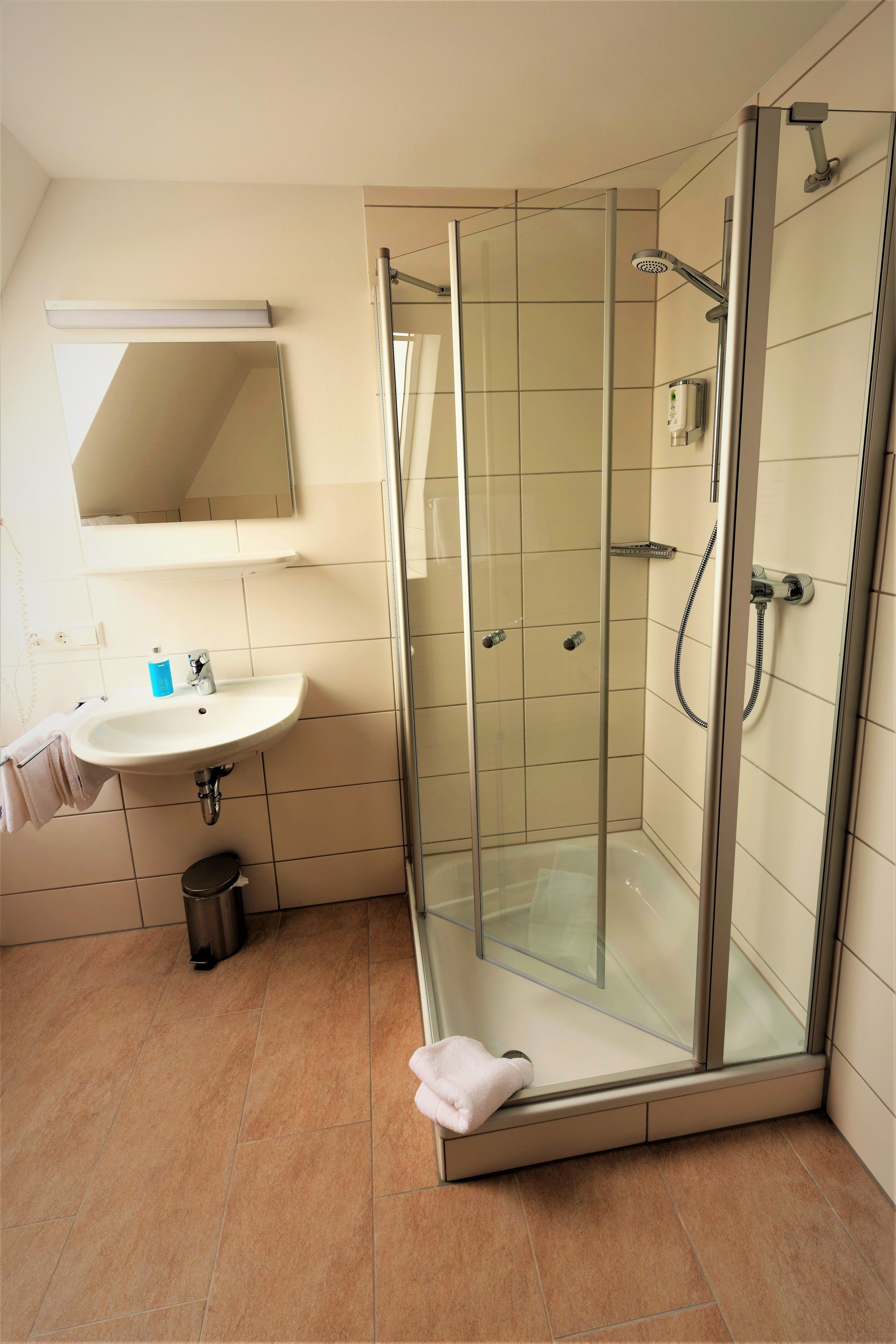 shower, free toiletries, hair dryer, towels