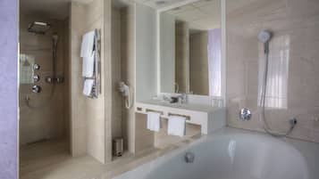 A modern bathroom with a walk-in shower, a bathtub, a vanity with a mirror, and a toilet.