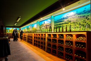 Una bodega con hileras de botellas de vino y un mural de un viñedo en la pared.