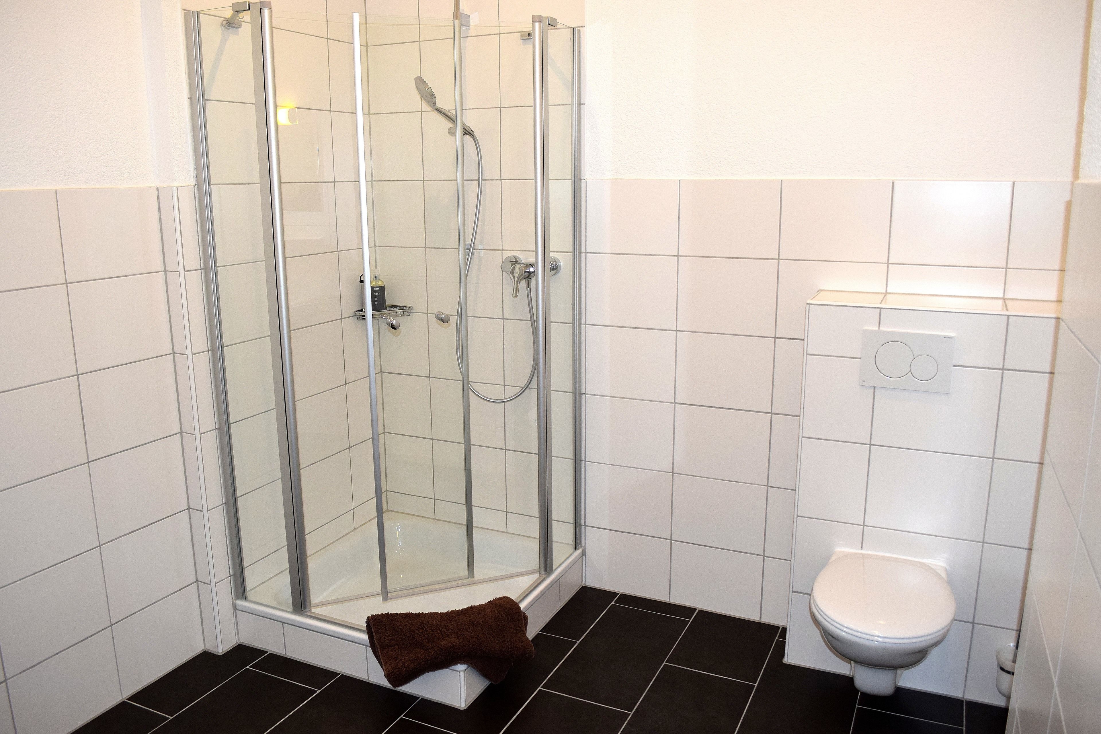 comfort studio | bathroom | shower, hair dryer, towels, soap