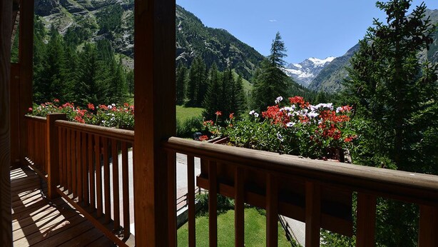 A wooden balcony with a view of a mountainous landscape and a garden with red and white flowers. - Albergo Herbetet (Cogne)
