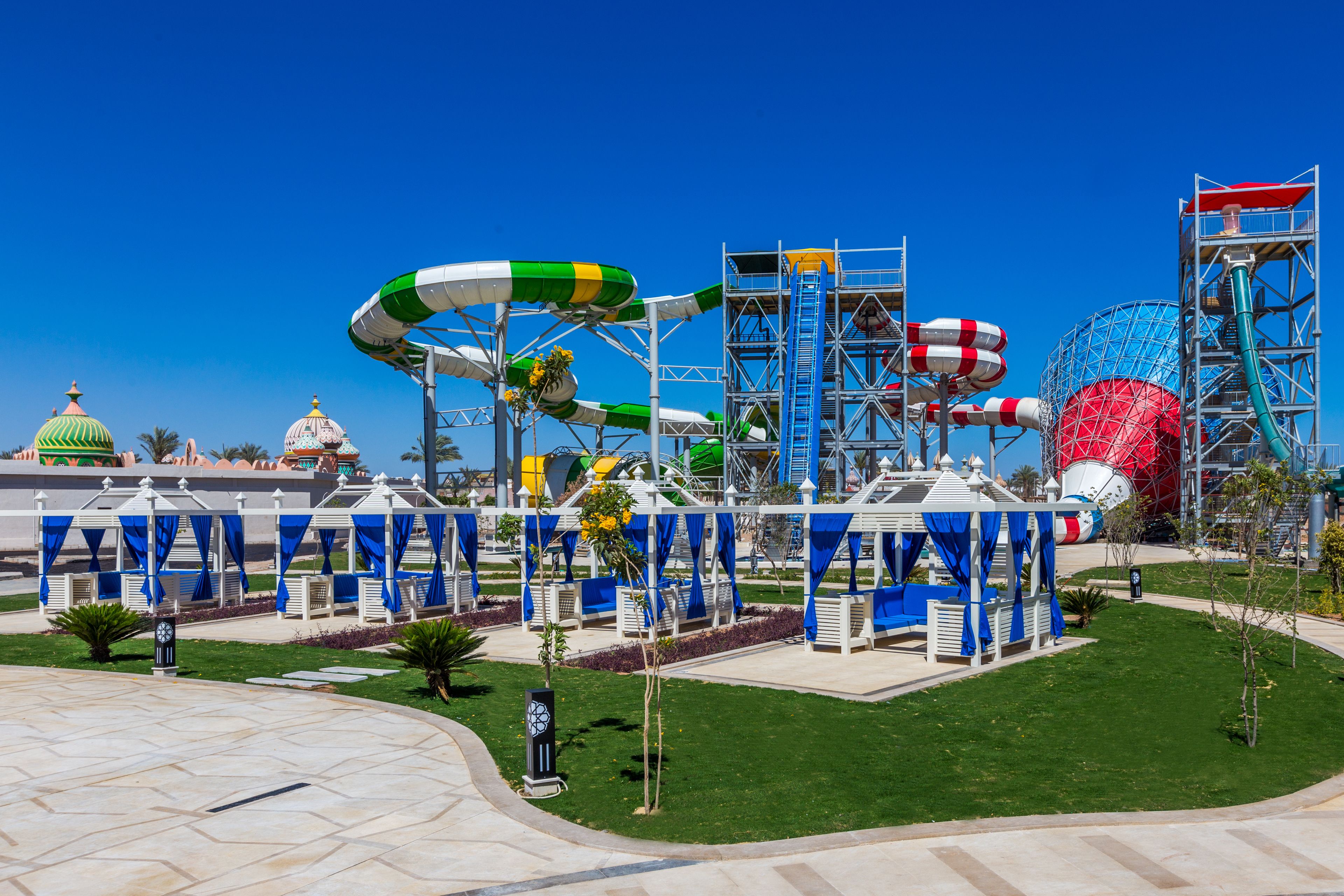 A water park with various water slides and structures.