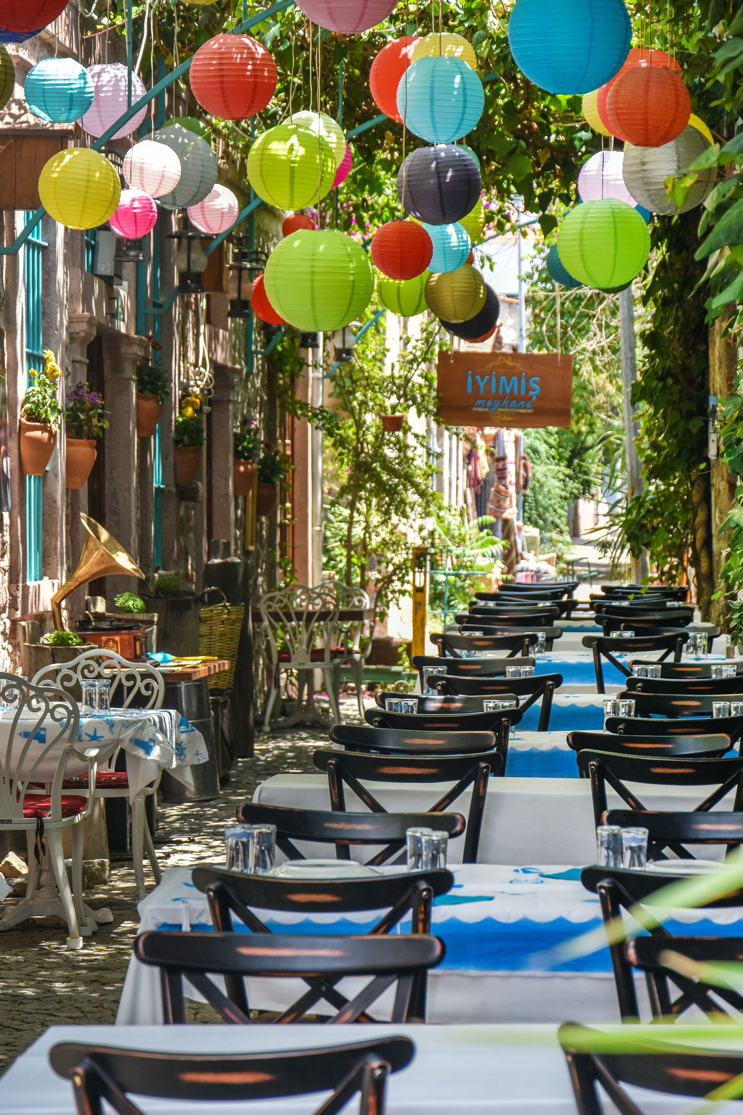 An outdoor dining area with tables and chairs, hanging paper lanterns, and a sign for 'IYIMIS'.