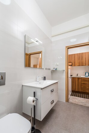 Departamento estándar, 1 habitación, Terraza | Baño | Amenidades de baño gratuitas, secadora de cabello, toallas 