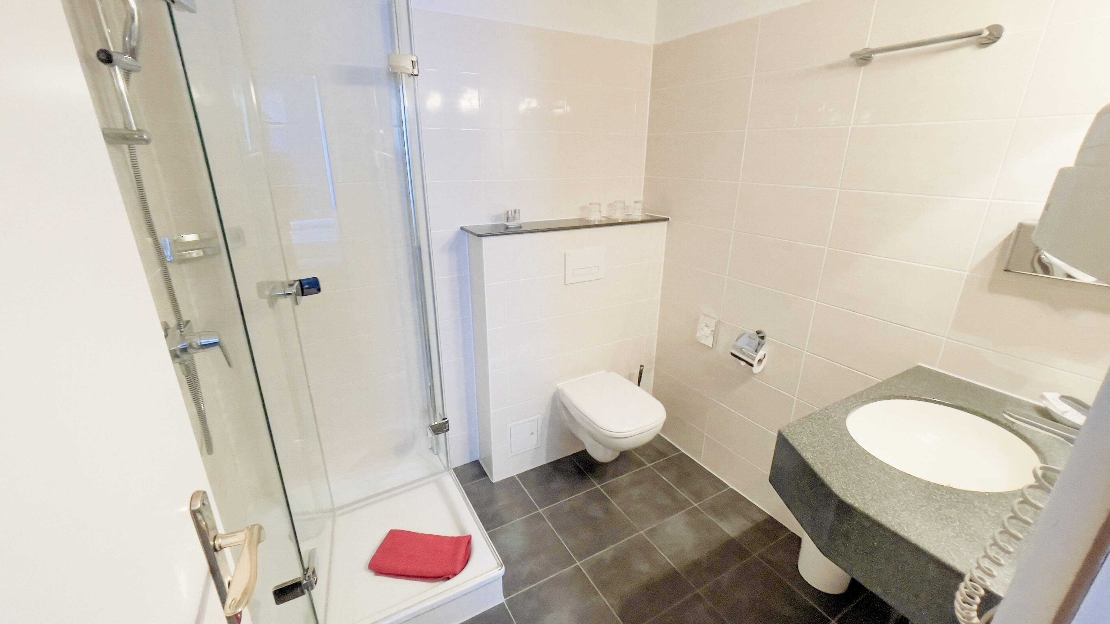 Une salle de bain avec une douche à parois de verre, des toilettes blanches et un lavabo en granit.