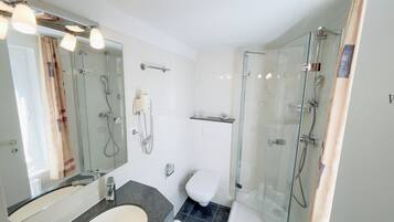 A modern bathroom with a glass-enclosed shower, a toilet, a sink with a mirror, and a hairdryer mounted on the wall.