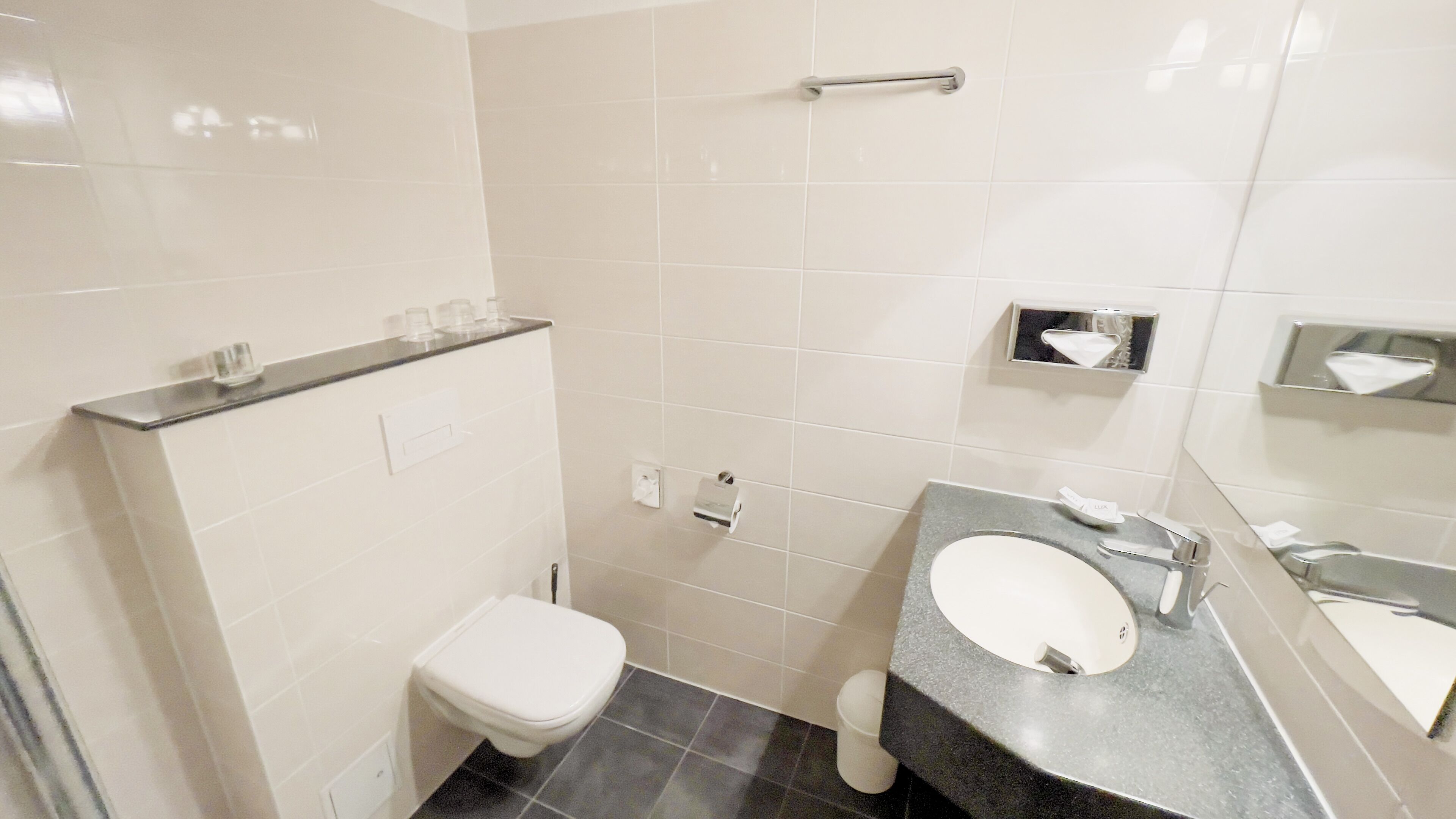 A small, modern bathroom with a toilet, sink, and mirror.