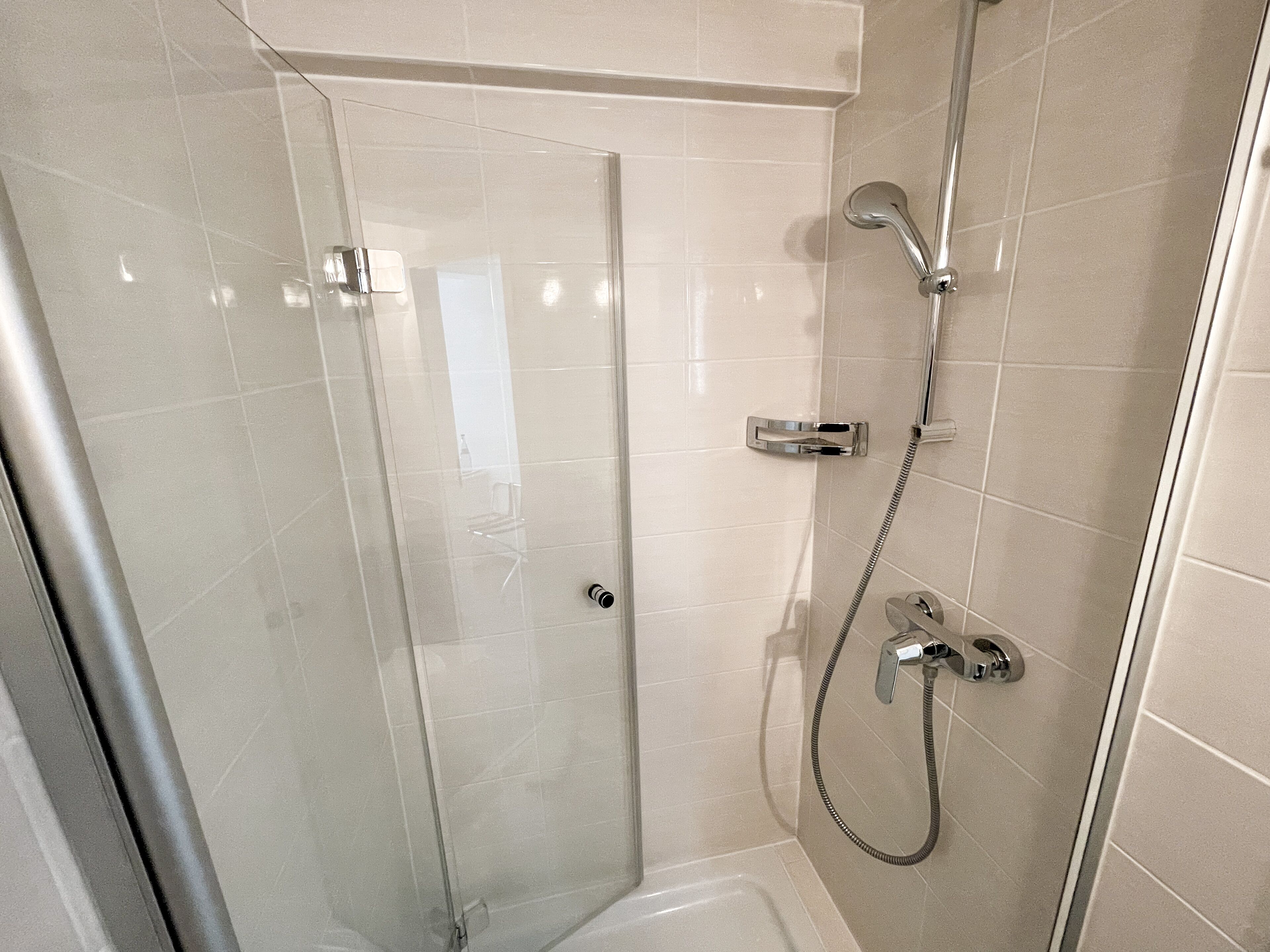 A glass-enclosed shower area with a handheld showerhead and a wall-mounted faucet.