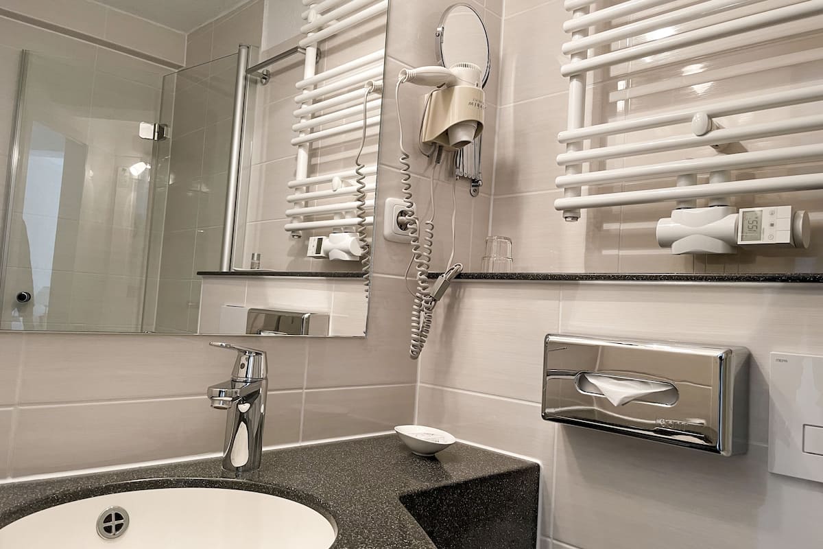 shower, free toiletries, hair dryer, towels