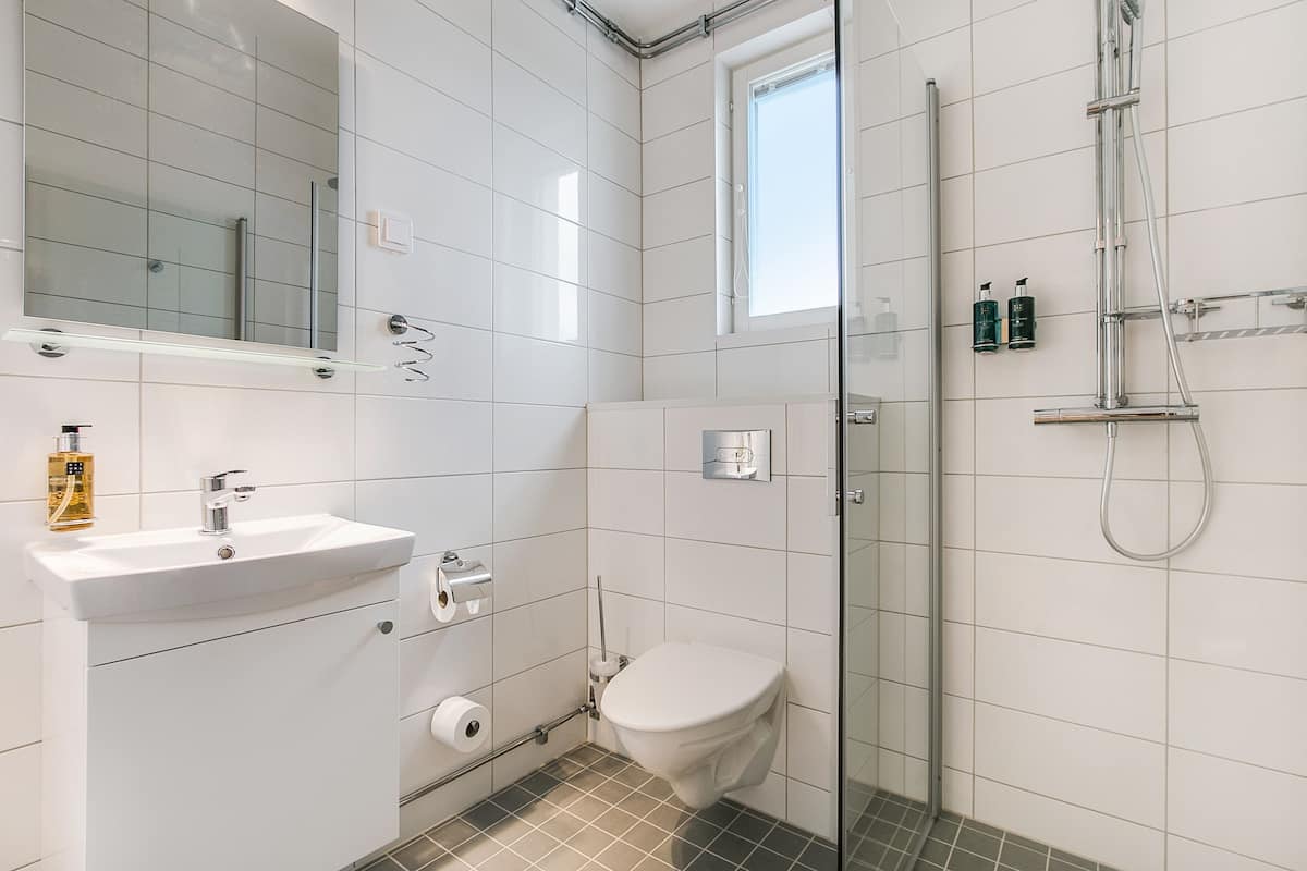 shower, rainfall showerhead, free toiletries, hair dryer