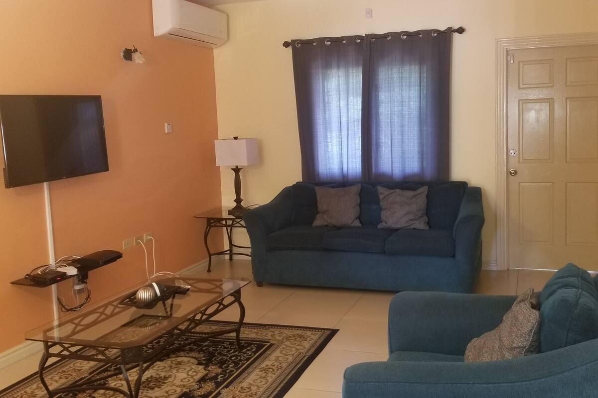 A living room with a blue sofa, a glass coffee table, a lamp, and a TV mounted on the wall.
