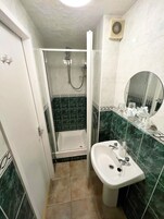 Een badkamer met een douche, wastafel en spiegel.