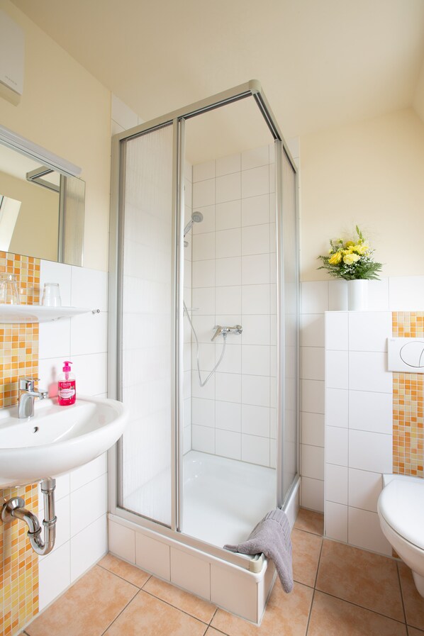 A shower with a glass door, a sink with a mirror, and a toilet. - Landgasthof Fischer (Freiberg)