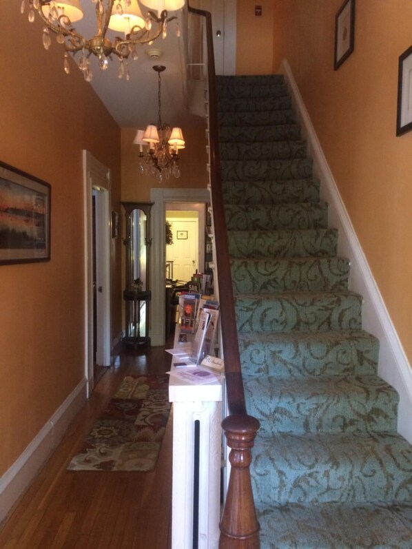 Una escalera con alfombra estampada y baranda de madera, que conduce a un rellano donde se exhiben objetos.