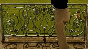 A person standing on a balcony with a view of a manicured lawn and trees. - Château de Bonnemare (Radepont)