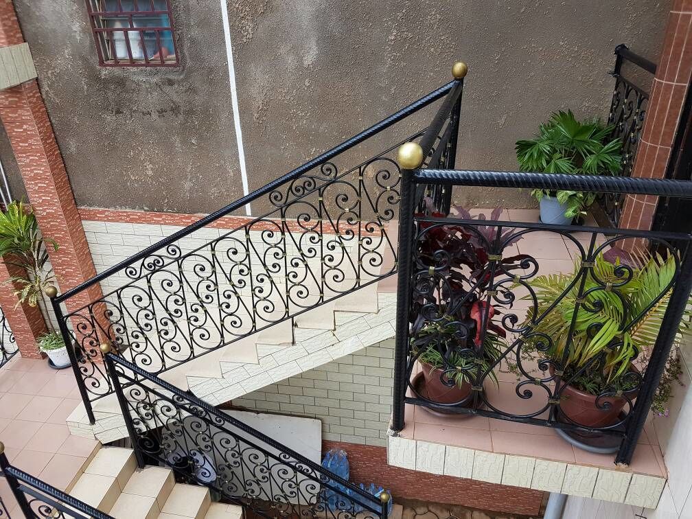 A spiral staircase with ornate black railings and a handrail, leading to a balcony with potted plants.