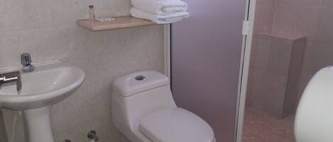 A bathroom with a sink, toilet, and a shower area.