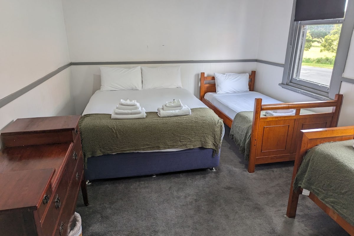 A room with two single beds, a wooden dresser, a window with a view of greenery, and a carpeted floor.
