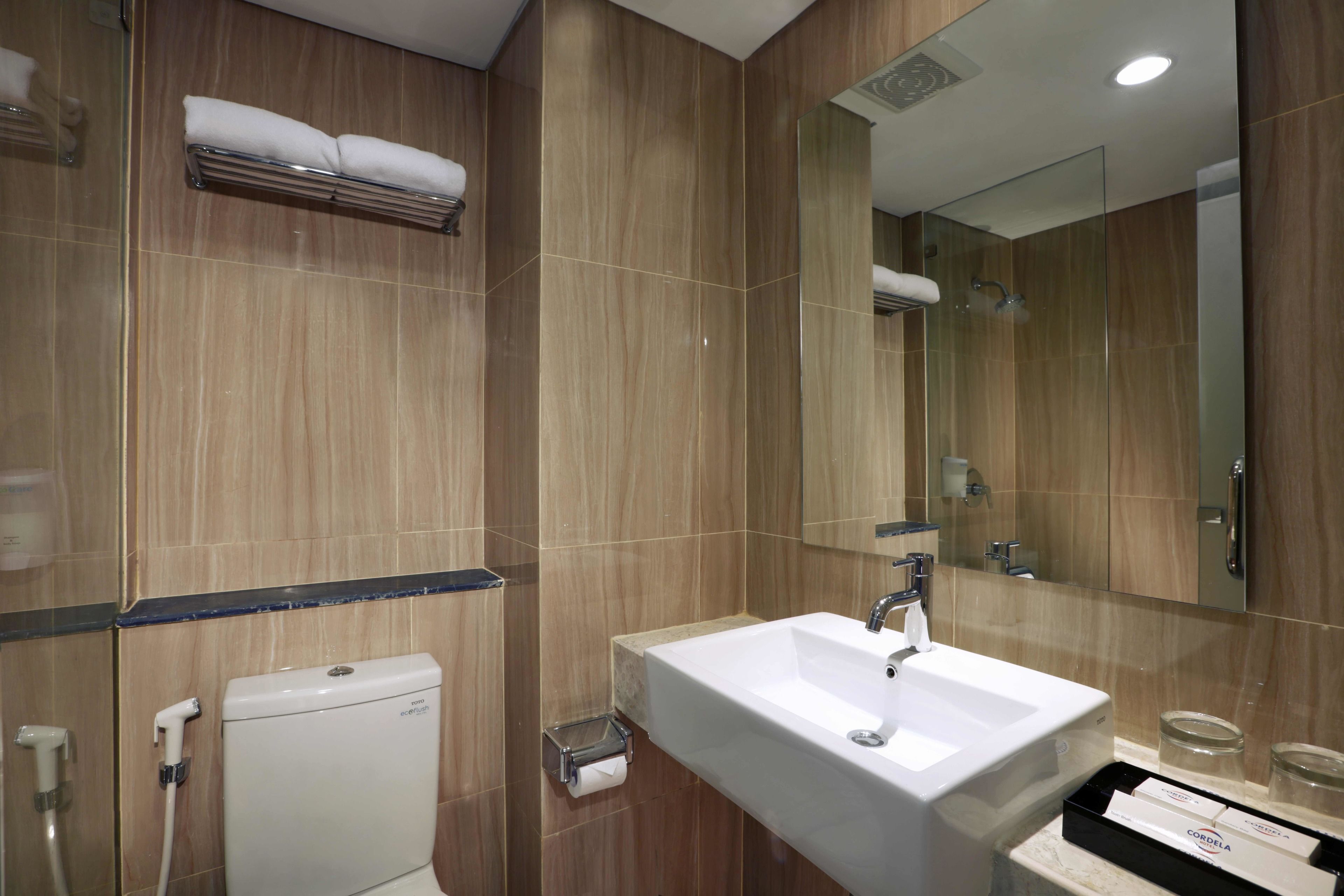 Een moderne badkamer met een witte wastafel, spiegel en toilet.