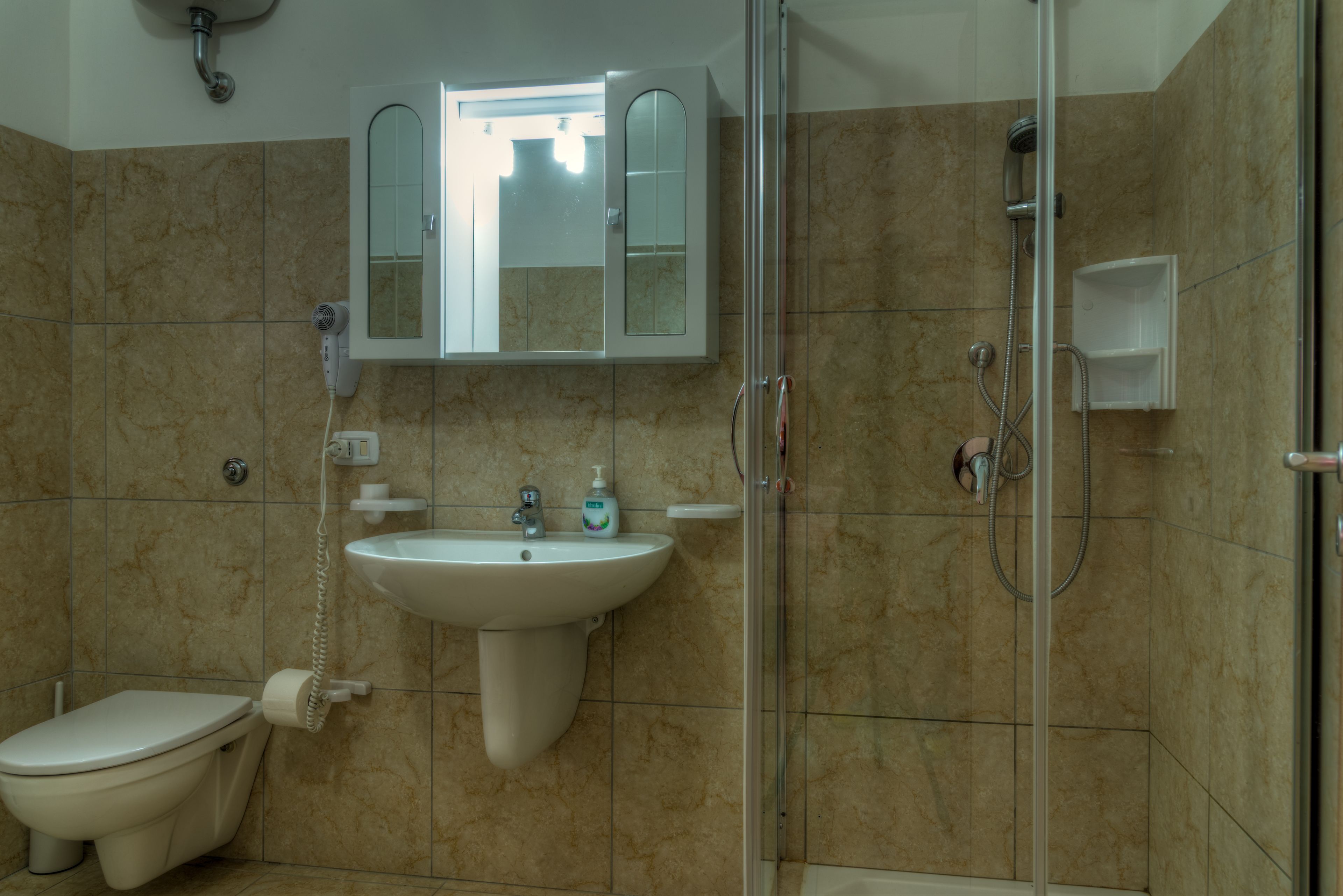 Un baño con inodoro, lavamanos y ducha.