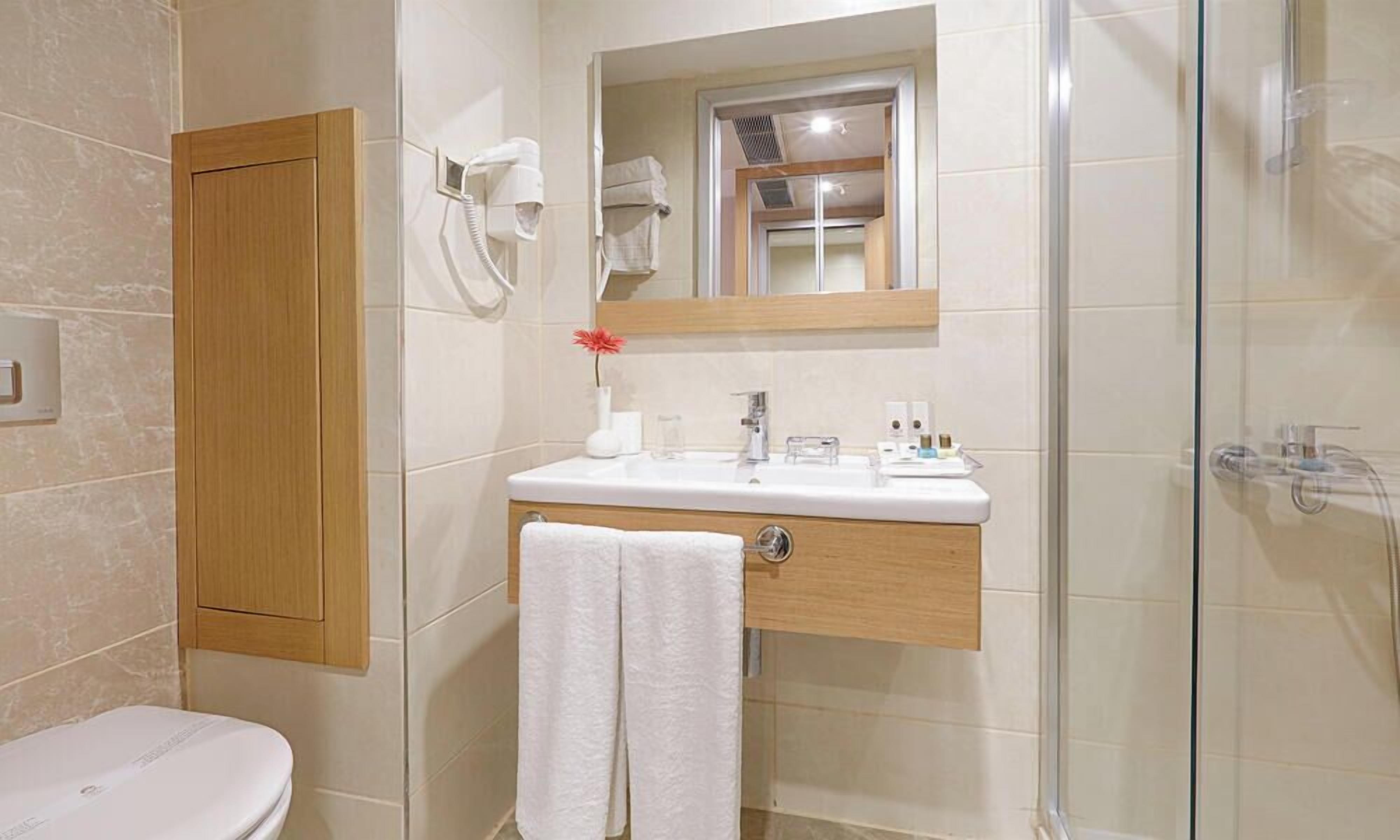 A bathroom with a toilet, a sink with a mirror above it, a shower area, and a hairdryer mounted on the wall.
