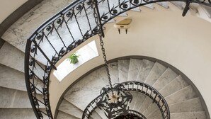 Un escalier en colimaçon avec une rampe en métal et une plante suspendue.