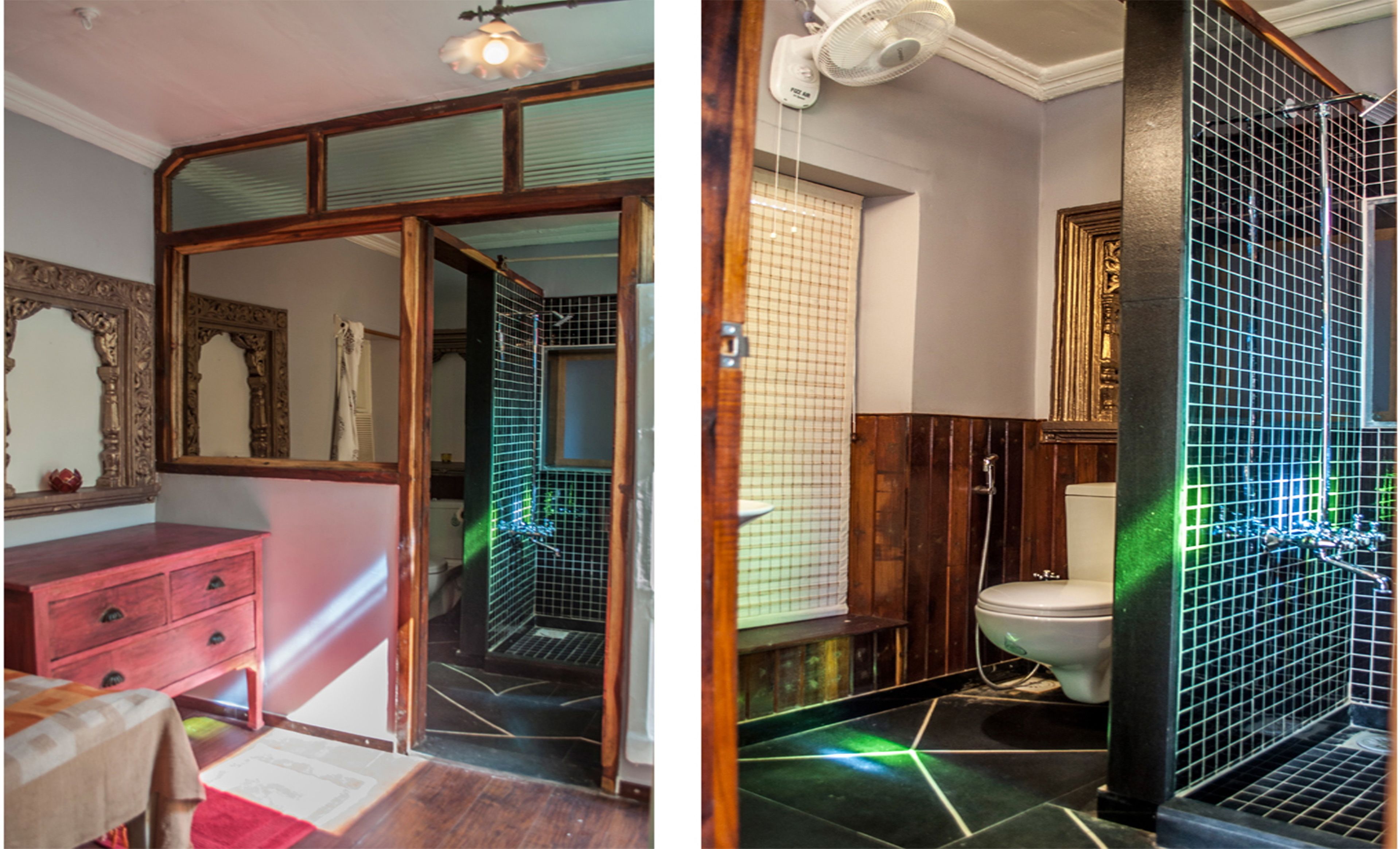 Un baño con cabina de ducha, inodoro y lavamanos.