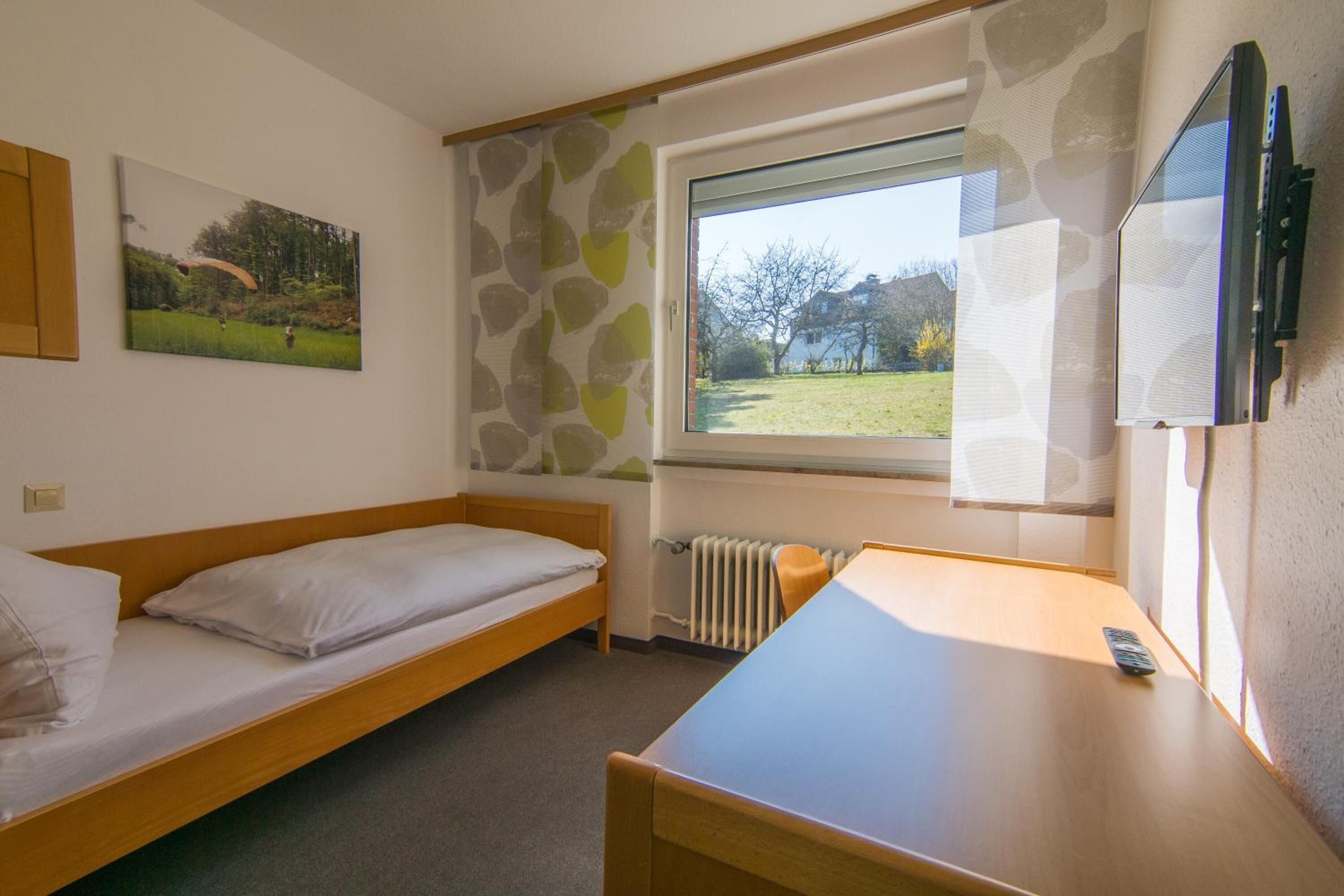 A single room with a bed, a small table, a window with a view of a park, and a mounted TV.