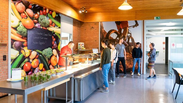 Un área de bufé con una variedad de frutas y verduras frescas exhibidas en la pared, un mostrador de bufé con alimentos, y personas de pie conversando.