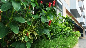 A building with a modern architectural style, featuring a balcony with a railing and a series of potted plants with green foliage and red flowers. - Grand Living Place (Bangkok)