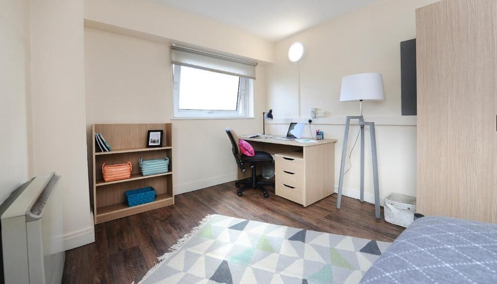 A bedroom with a desk, a chair, a bed, a lamp, a radiator, and a window.