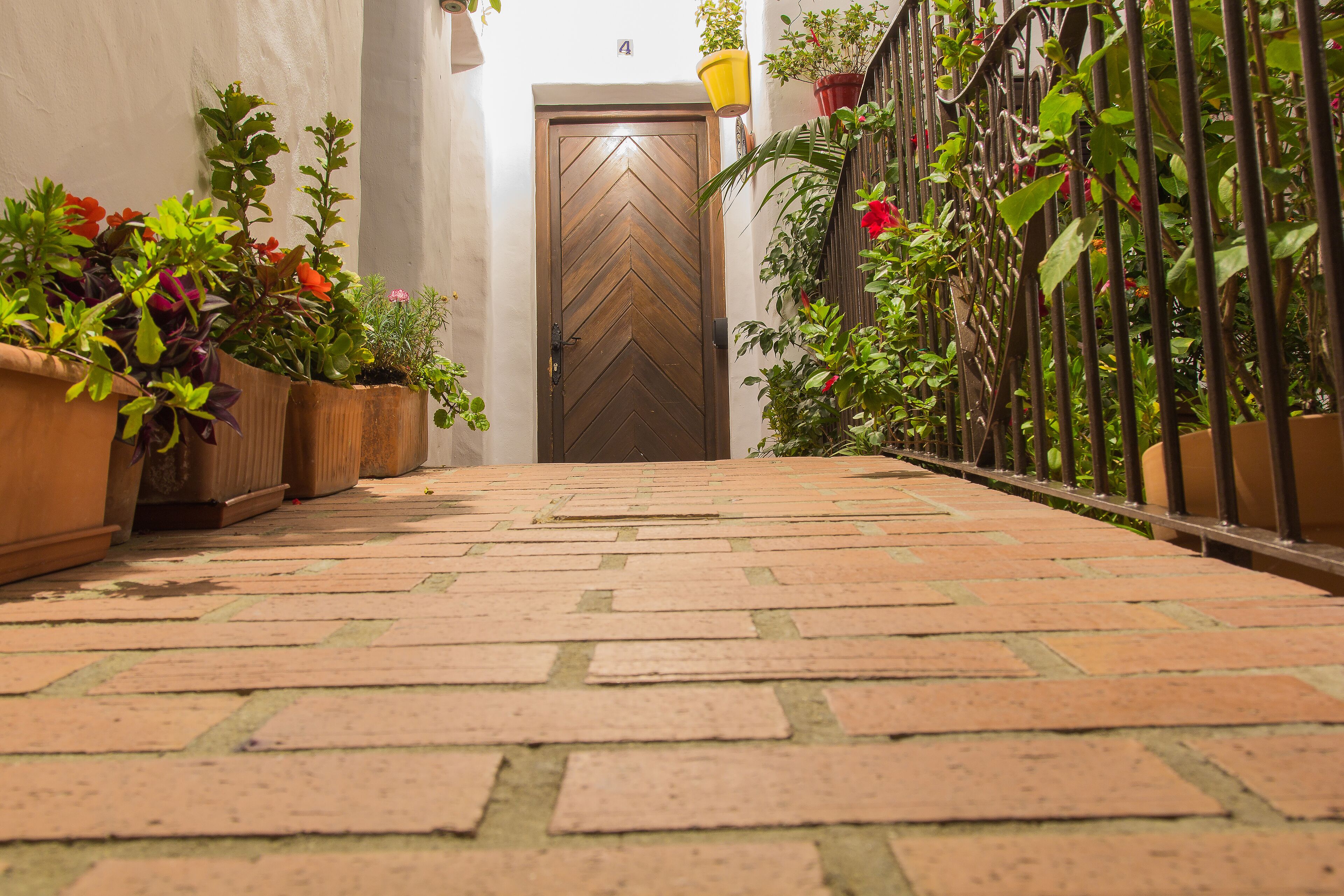 Un étroit sentier pavé de briques mène à une porte en bois ornée d’un motif en chevrons.