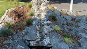 Un sendero en un jardín con un pequeño arroyo, rodeado de rocas y plantas.