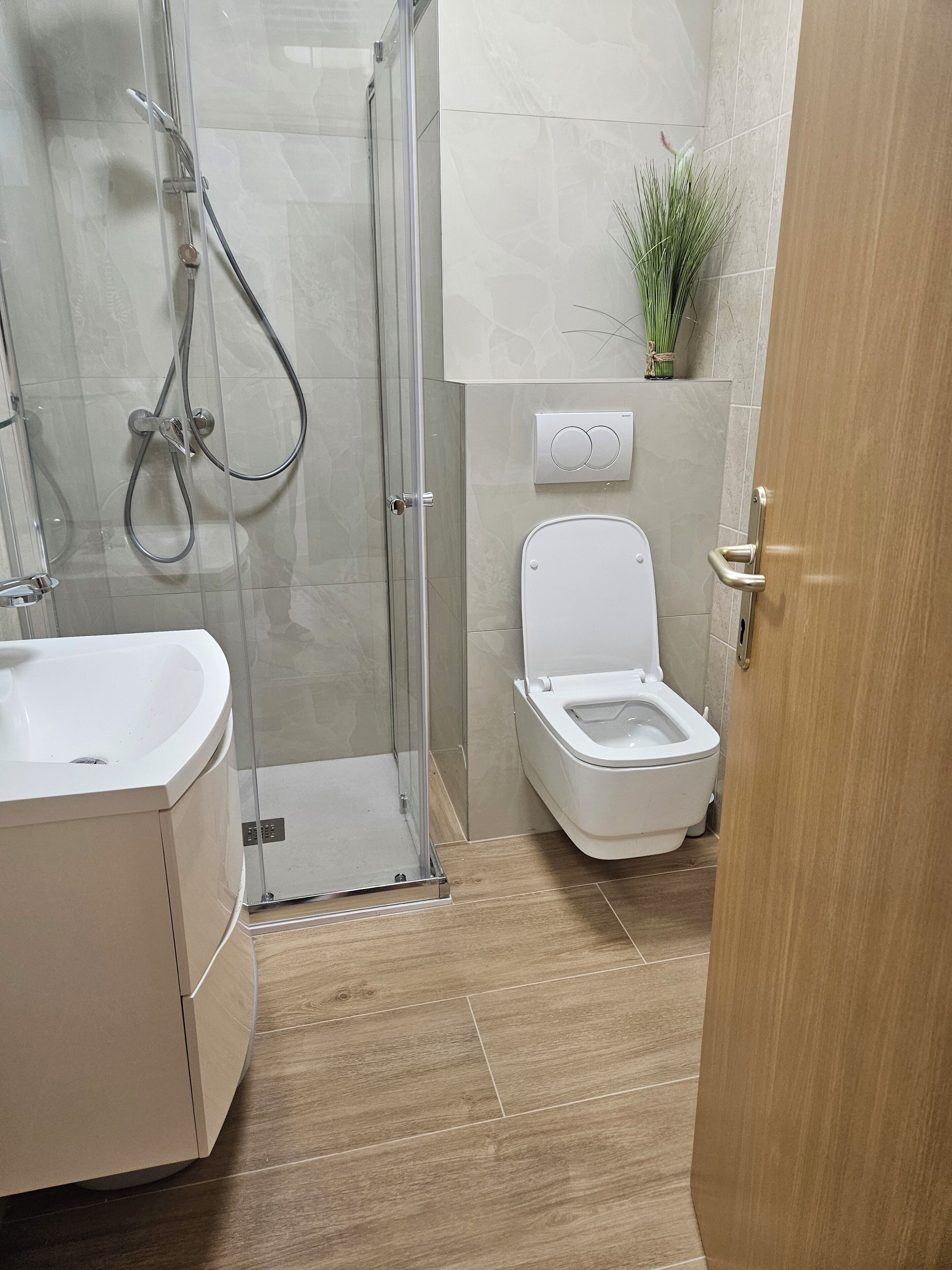 A modern bathroom with a glass-enclosed shower, a white toilet, and a sink.