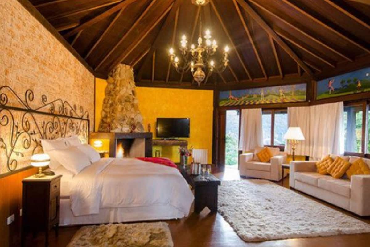 A bedroom with a large bed, a fireplace, a television, and a view of the outdoors through a window.